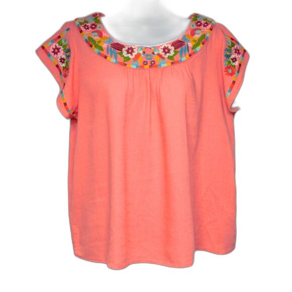 Impressions Embroidered Boho Top Birds Flowers Sz. L Coral Pink Naturecore - Picture 1 of 7